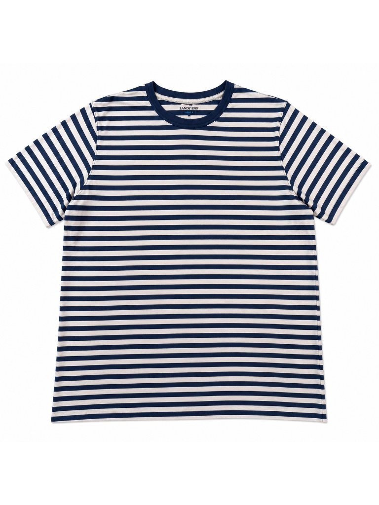 Lands’ End Men’s Xl Super-T Navy White Striped Crew Neck Cotton T-Shirt